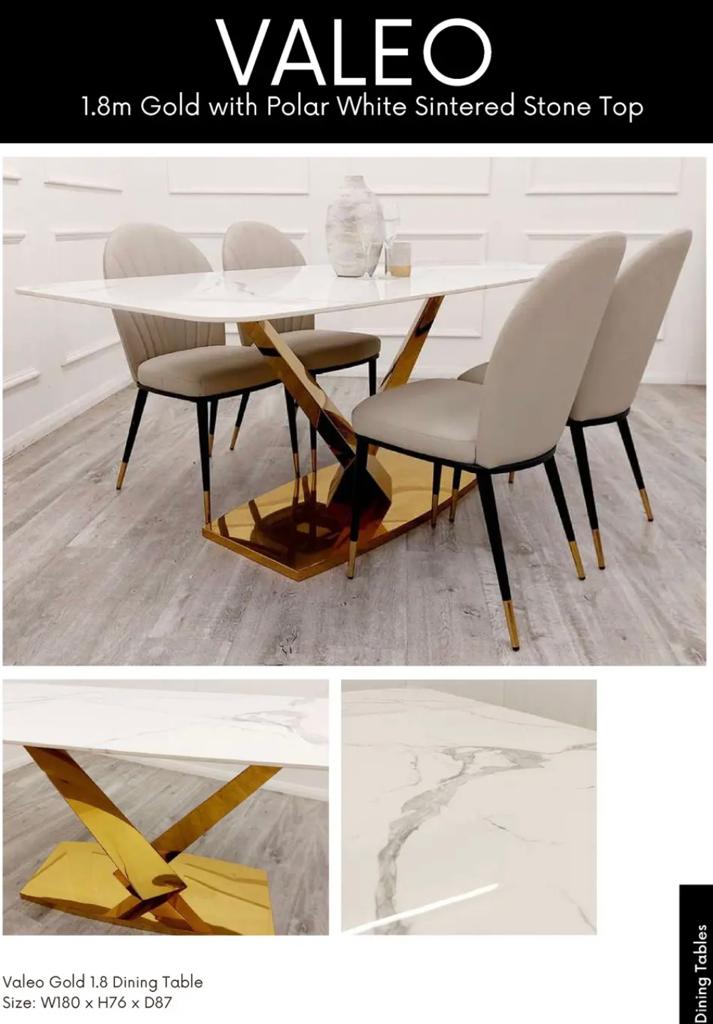 VALEO Gold Dining Table Set with Polar White Sintered Stone Top