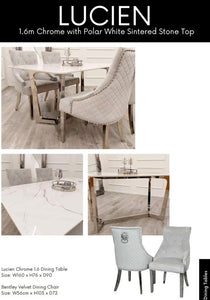 LUCIEN 1.6m Chrome Dining Set with Polar White Sintered Stone Top and Elegant Chairs